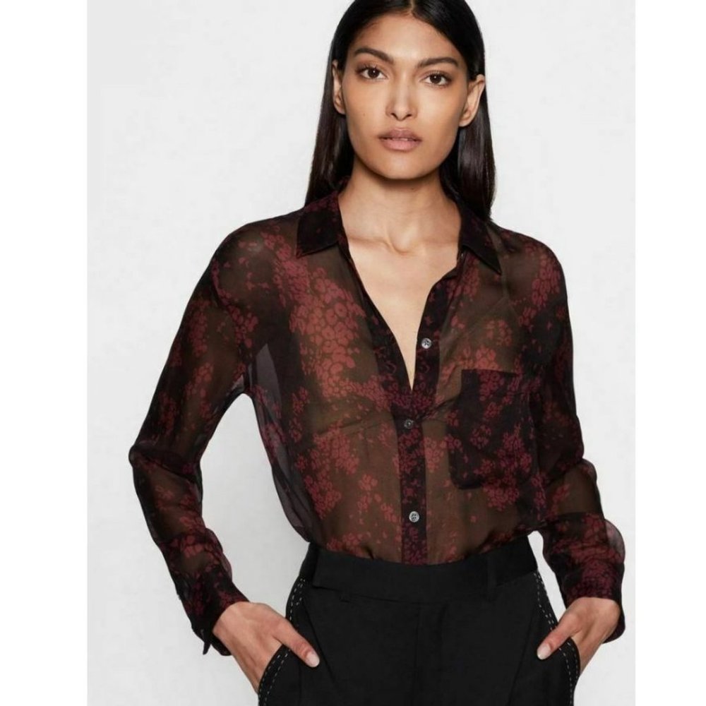 Equipment Daddy Silk Chiffon Shirt True Black Red Size XS Sheer